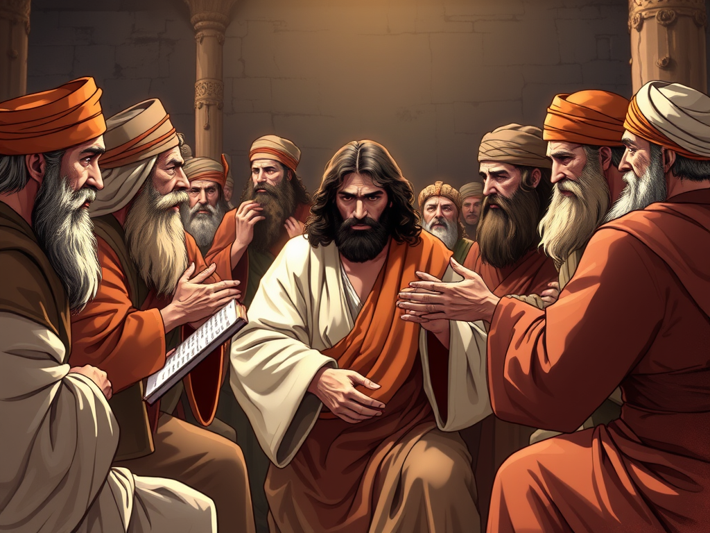 Scribes, Pharisees, Sadducees, and Teachers of the Law in a heated exchange with Yeshua.