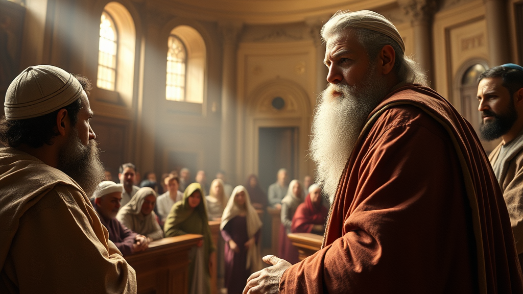 An ancient image Simon Peter being put on trial in a Sanhedrin court setting for cutting off a man's ear in John18:10; Luke 22:47-50